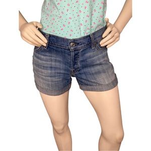 7 FOR ALL MANKIND Medium Wash & Rise Distressed Button Down Denim Jean Shorts,25
